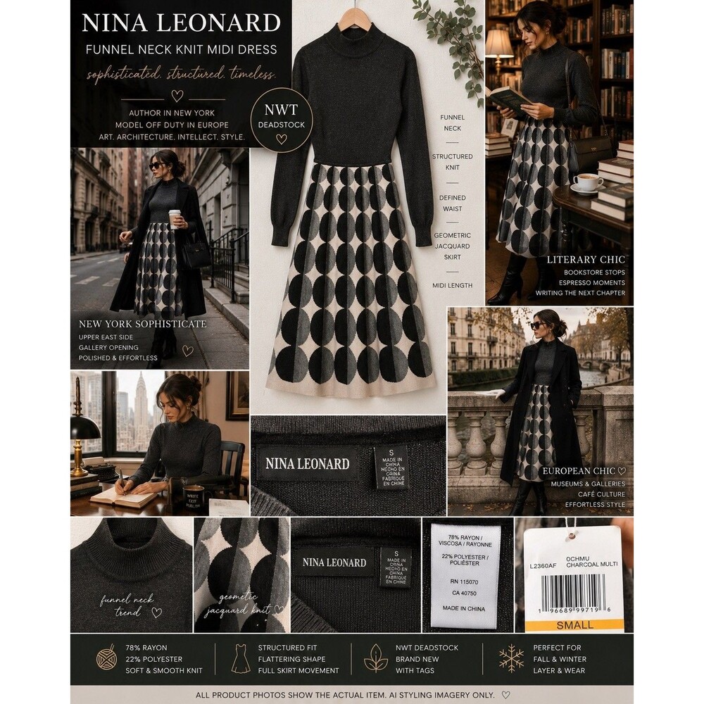NWT Nina Leonard S Funnel Neck Knit Midi sweater Dress Geometric Mod Charcoal